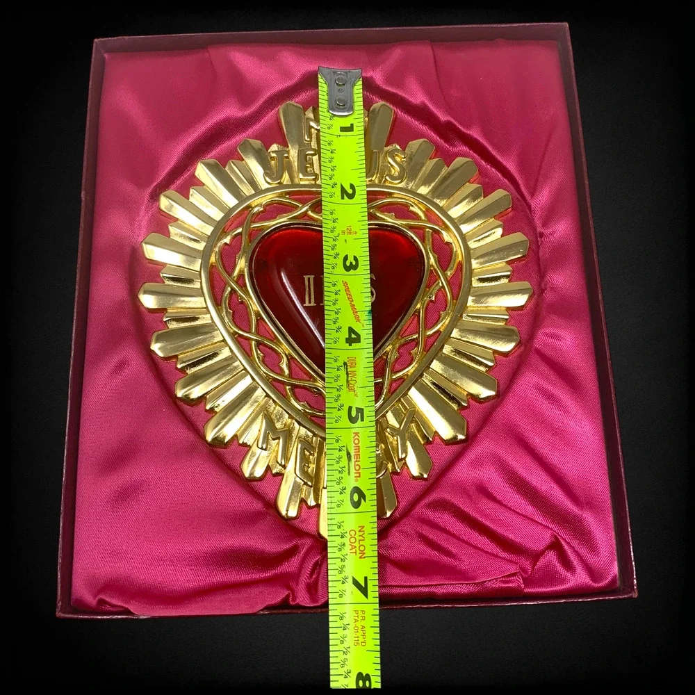 Vintage My Jesus Mercy IHS Sacred Heart Catholic Plaque Ex Voto Original Box 6.5